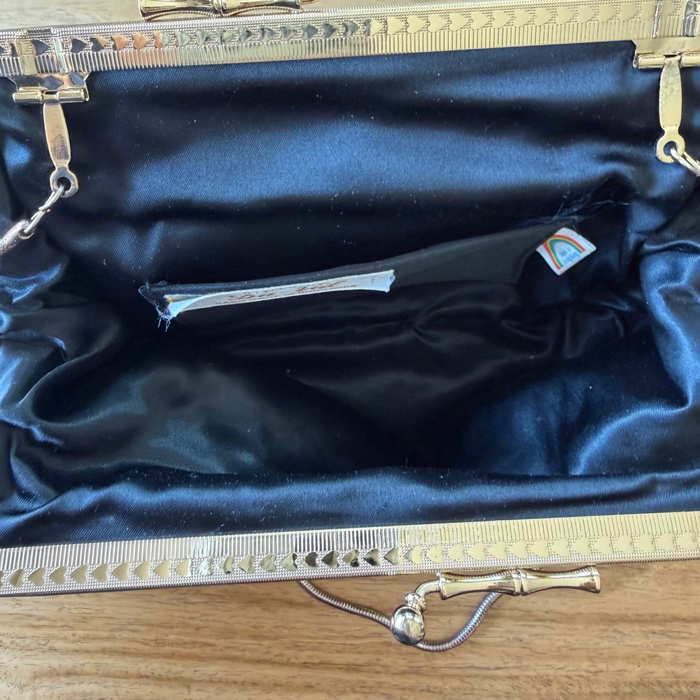 Vintage 50s Du-Val Black Satin Pleated Evening Clutch Bag Gold Frame Hong Kong - Picture 8 of 11